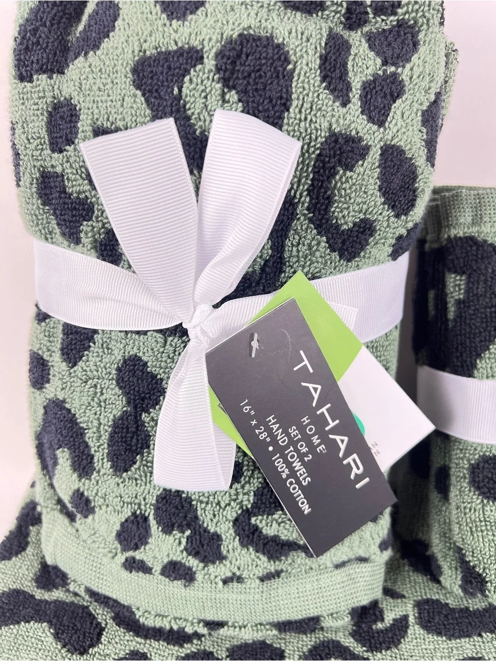 Tahari Home Bath Towel Set Green Black Leopard Print Soft 100% Cotton 8 Pc NEW